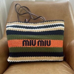 Miu Miu Striped Woven Raffia Tote in Black, Orange, and Green